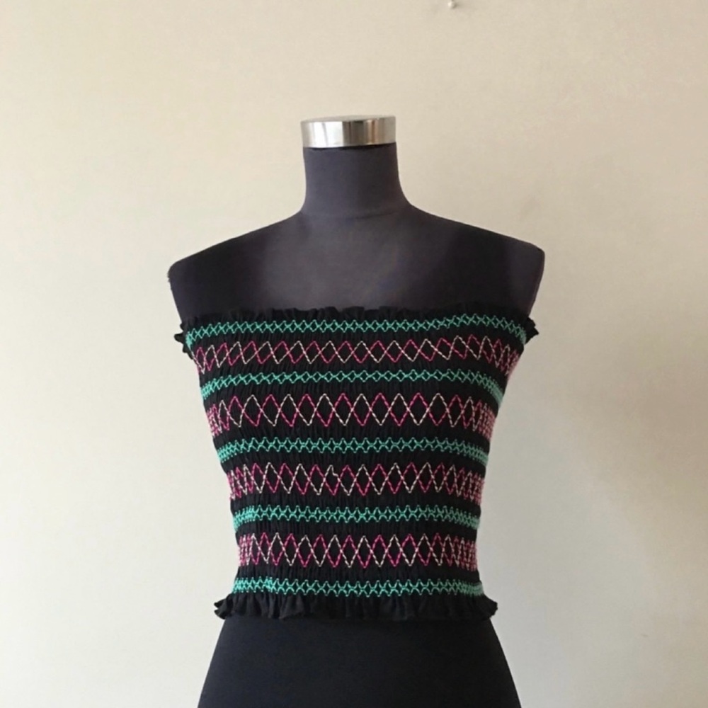 Black Multicolor Striped Smocked Top